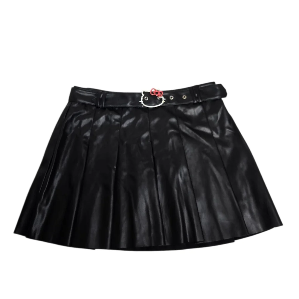 HELLO KITTY black‎ vegan leather pleated rhinestone belt goth mini skirt L